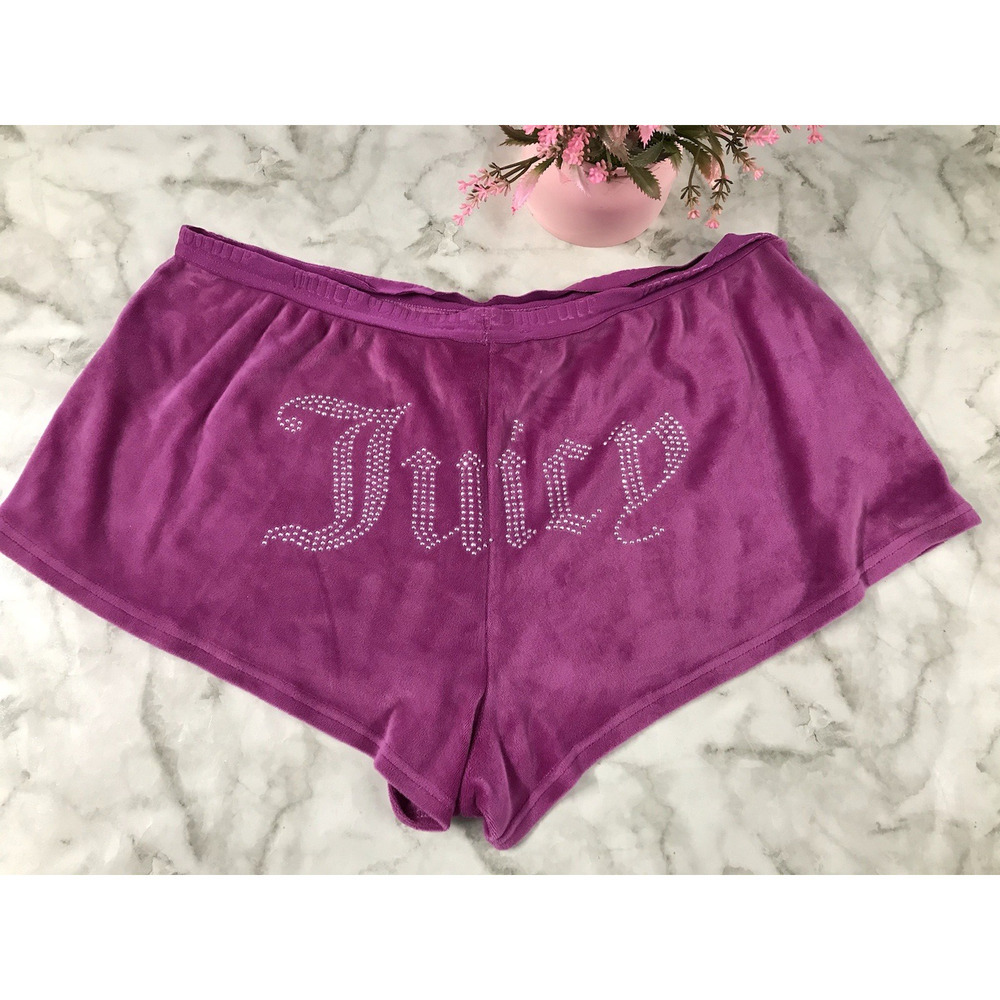 Y2K Juicy Couture Shorts Sz XL PURPLE VELVET Rhinestone Spellout Lounge